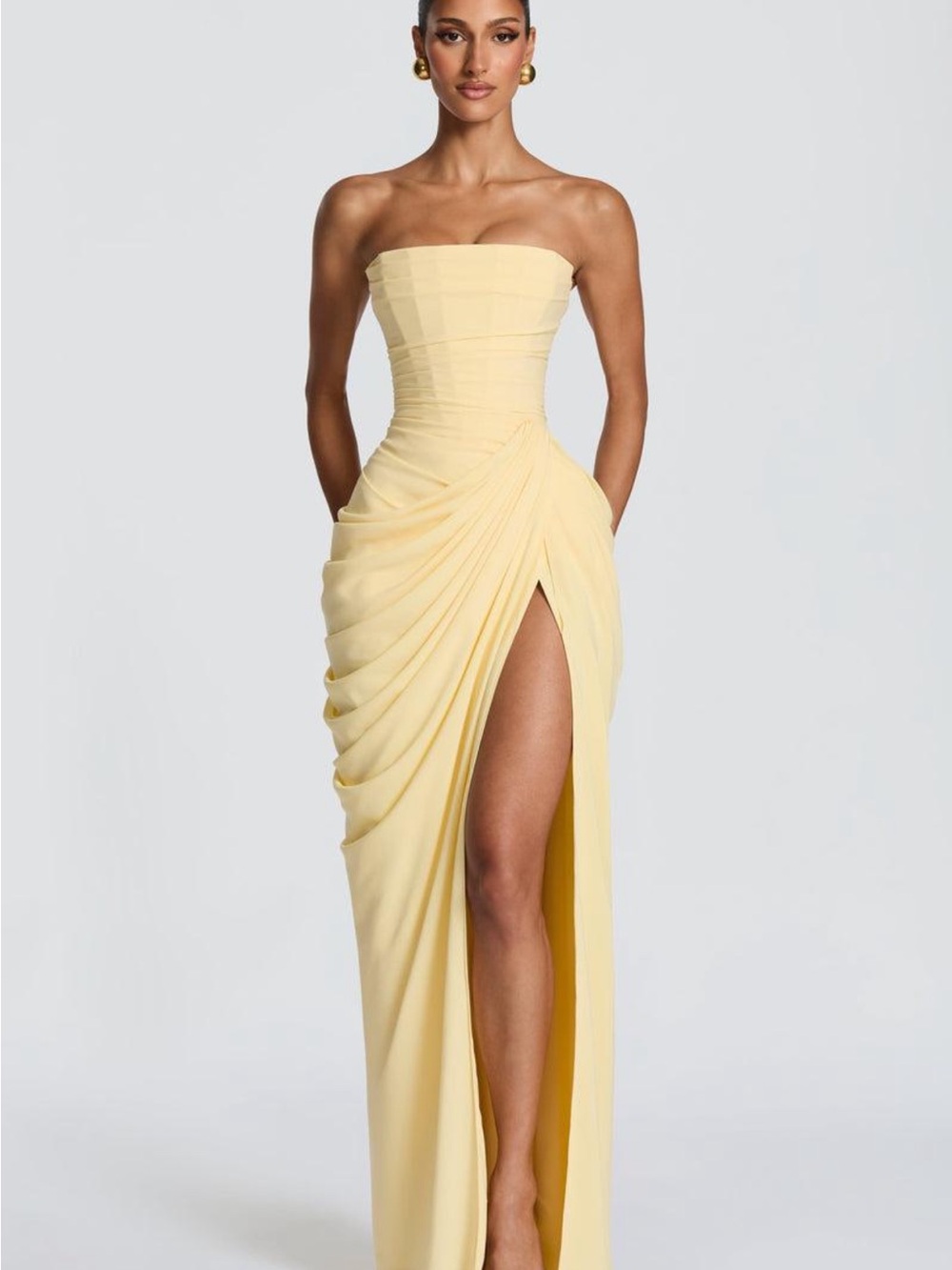 Strapless Lemon Yellow Ruched High-Slit Evening Gown